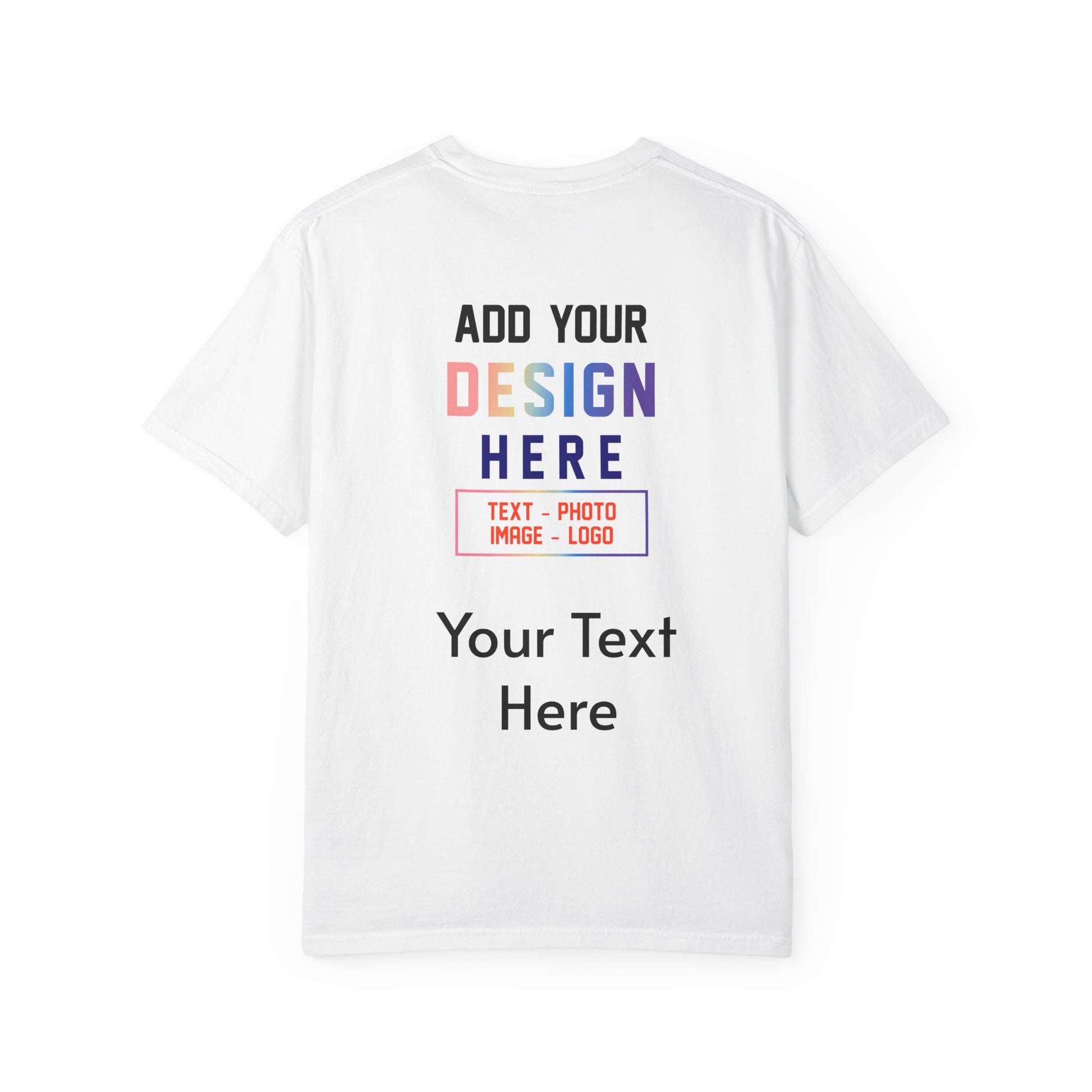 White t-shirt with text and design placeholders on a white background