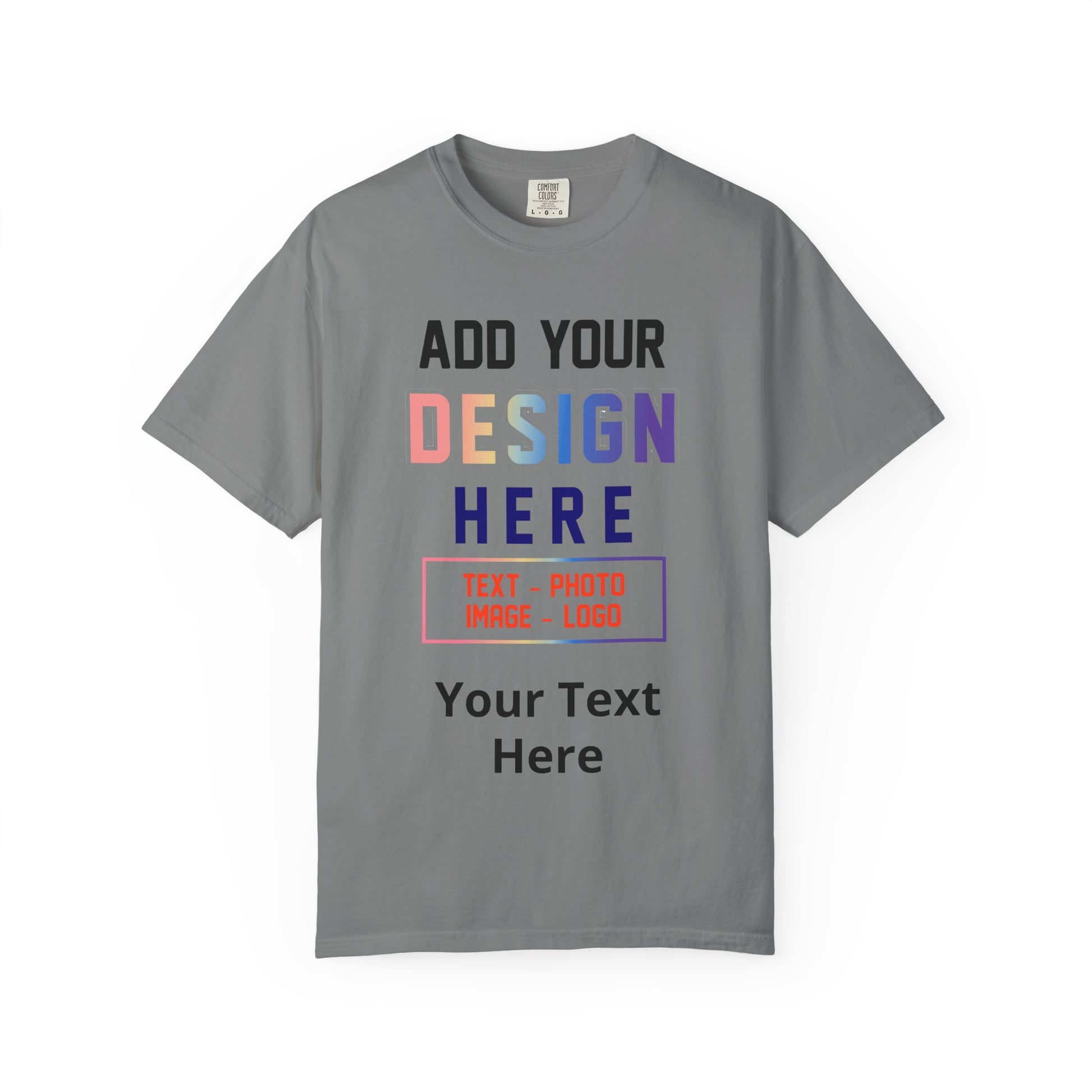 Gray t-shirt with text 'Add your design here' on a white background