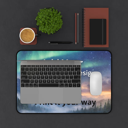 Desk pad 12x18 Laptop with a scenic design on a dark surface with office items.