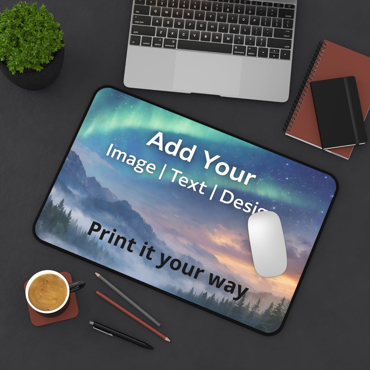 Desk pad 12x18 Personalized mouse pad with text 'Add Your Image, Text, Design' on a desk setup with a laptop, mouse, and stationery.