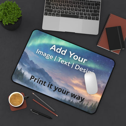 Desk pad 12x18 Personalized mouse pad with text 'Add Your Image, Text, Design' on a desk setup with a laptop, mouse, and stationery.