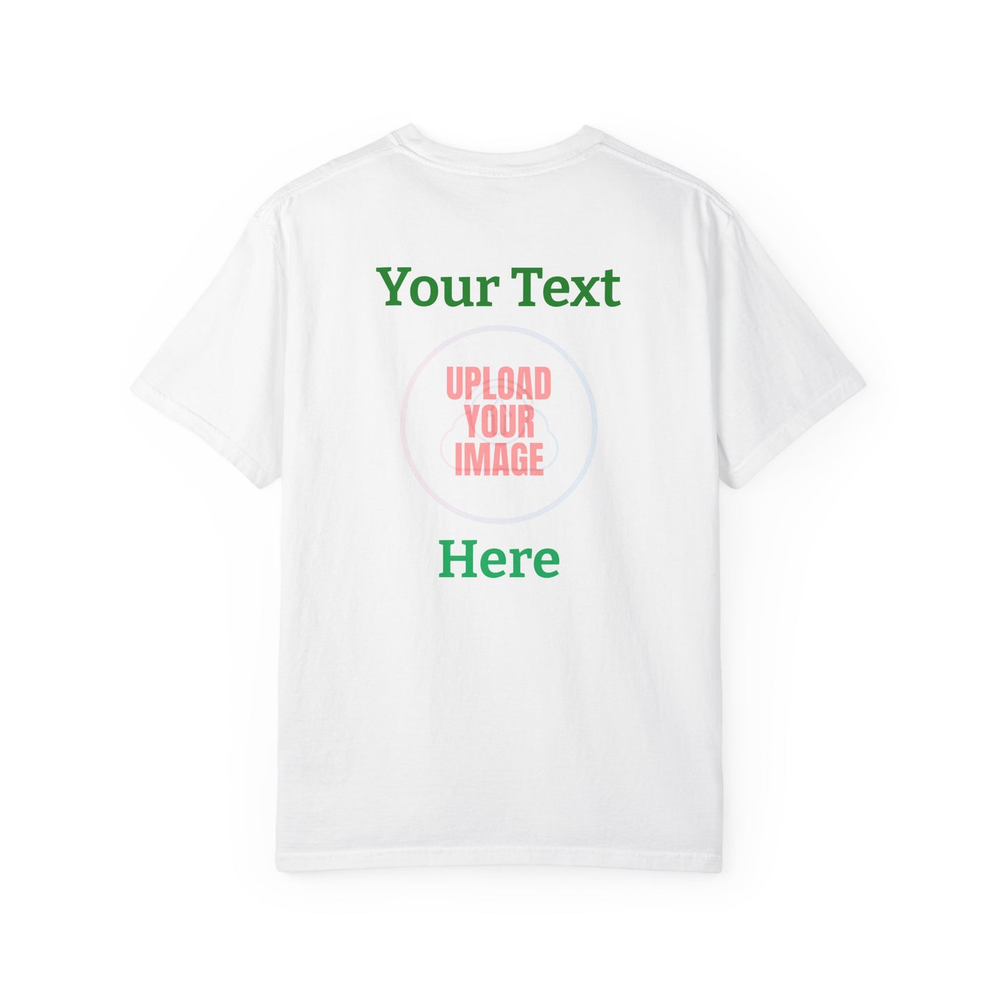 White t-shirt with text and a circular area for uploading an image on a white background