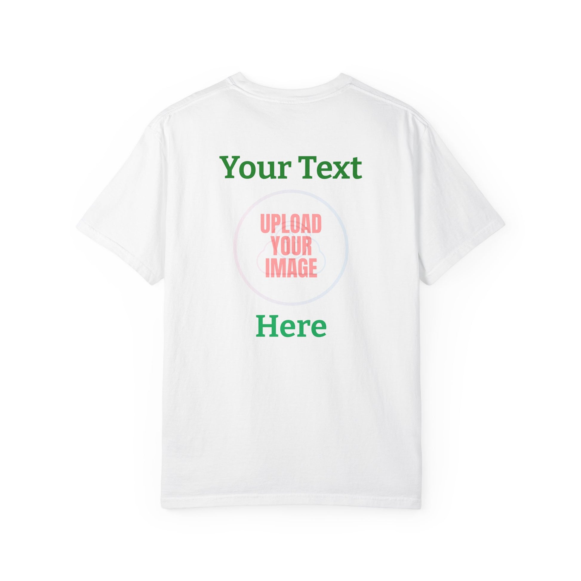 White t-shirt with text and a circular area for uploading an image on a white background
