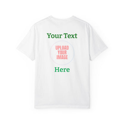 White t-shirt with text and a circular area for uploading an image on a white background