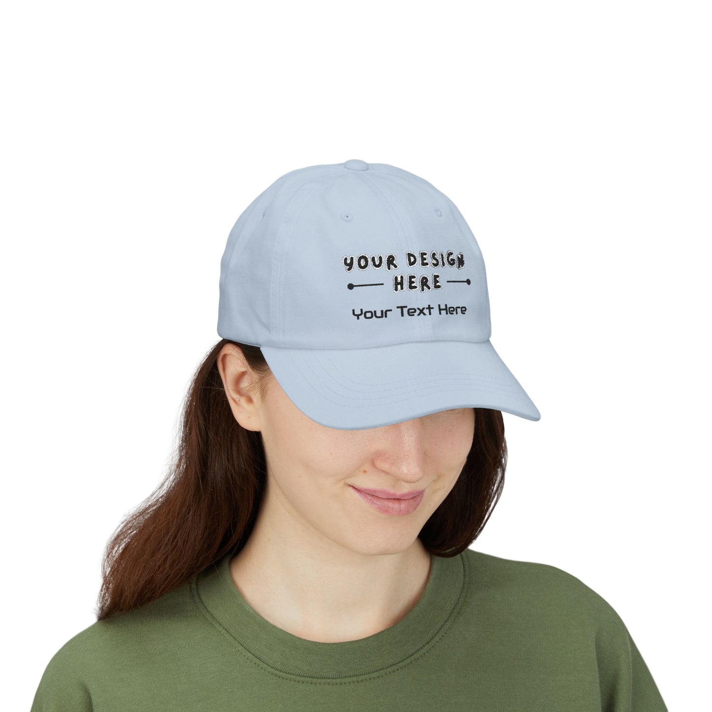 Woman wearing personalized embroidered Light Blue dad hat – LilMonal