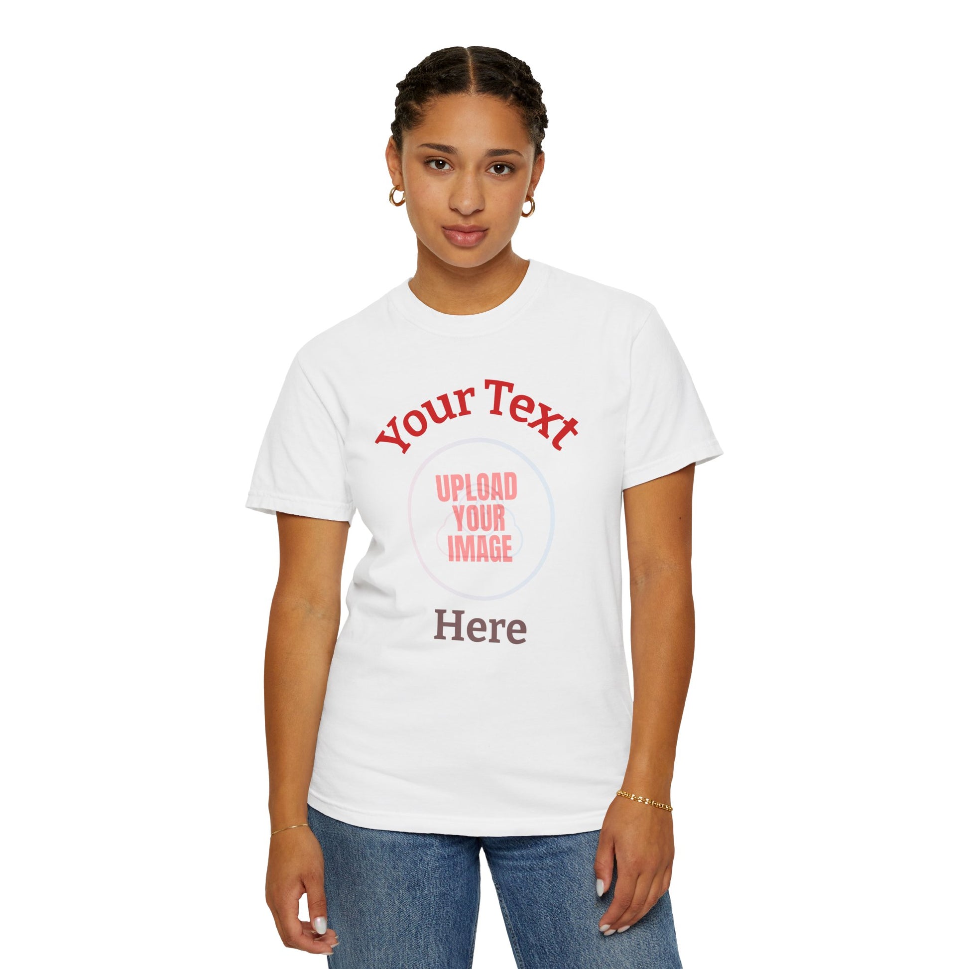 White t-shirt with red text 'Your Text Here' worn by a person on a white background