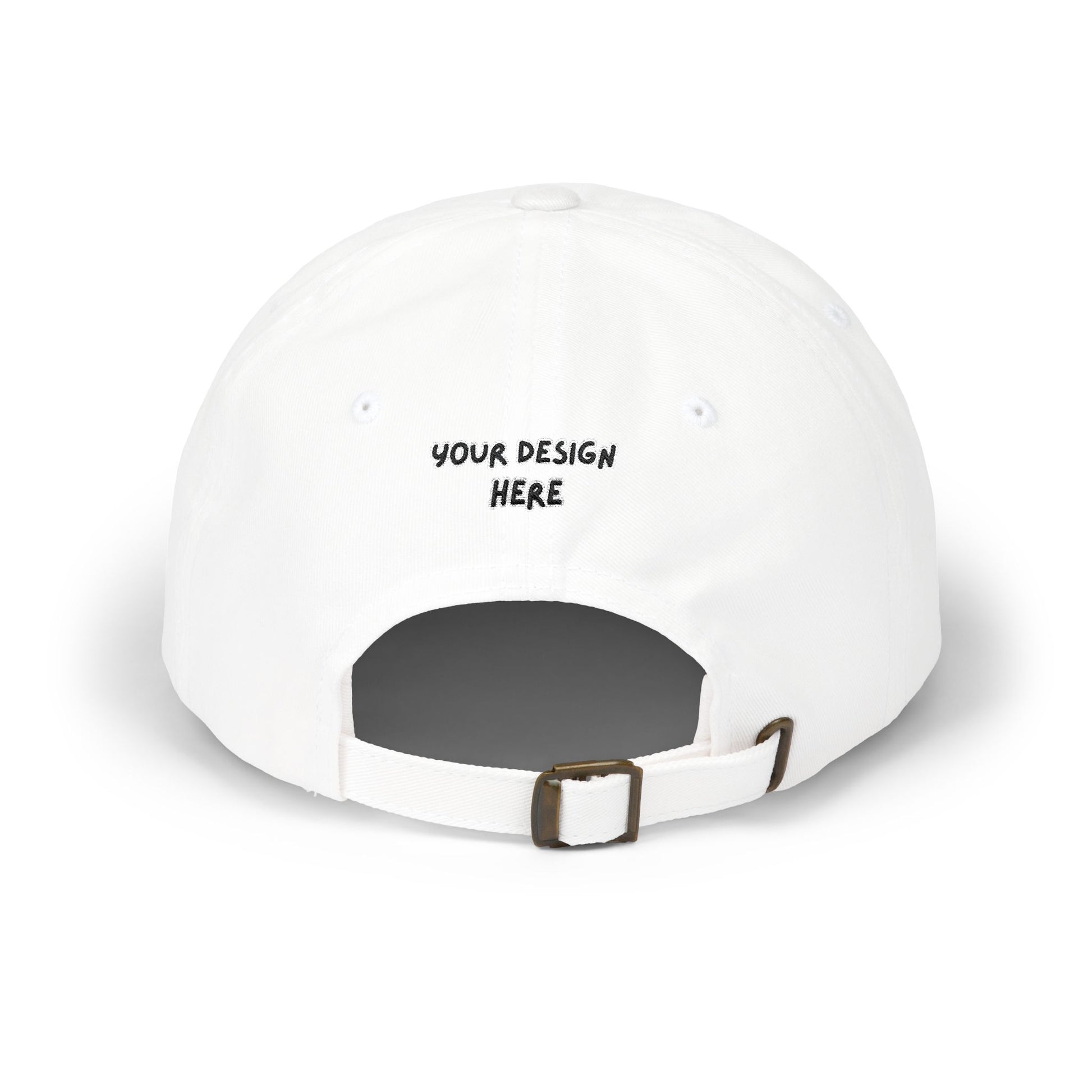 White embroidered dad cap back view with antique brass buckle – LilMonal