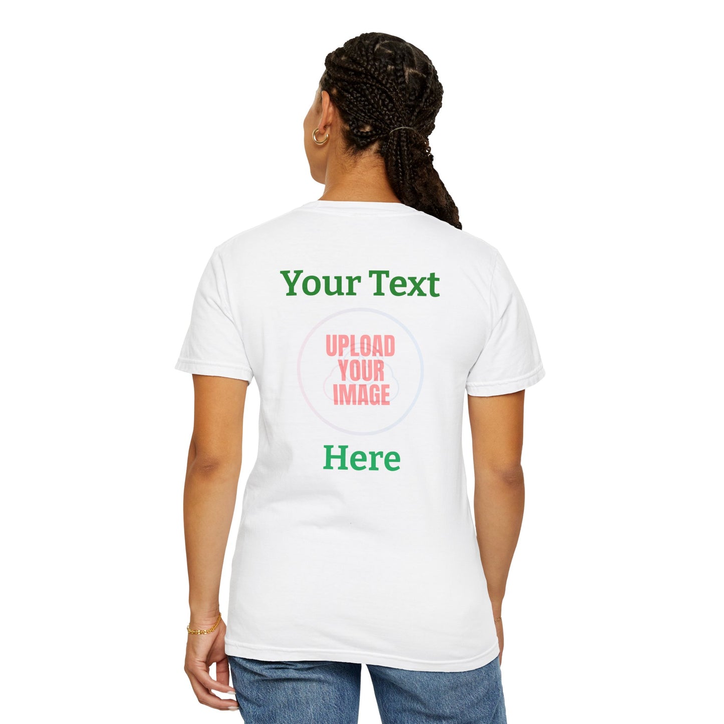 White t-shirt with customizable text and image area on a white background