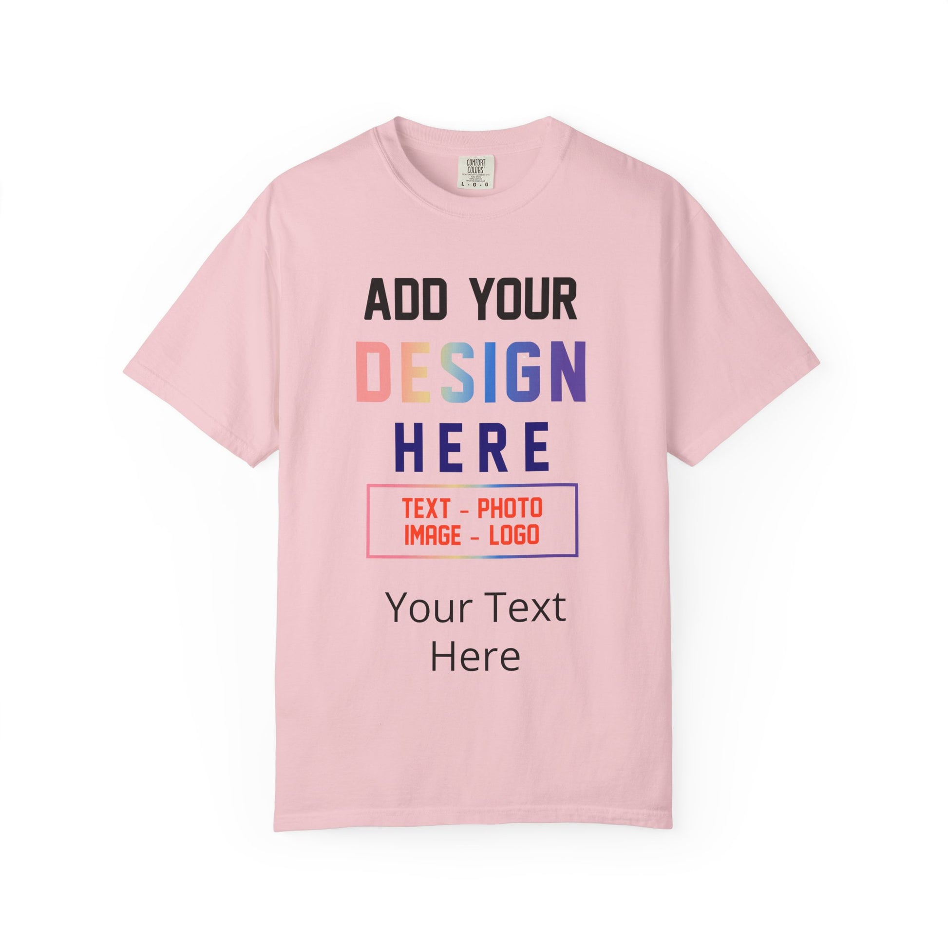 Pink t-shirt with text 'Add your design here' on a white background