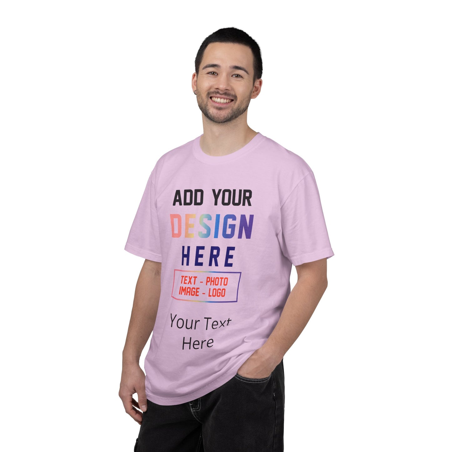 Pink t-shirt Man wearing a pink t-shirt with customizable text and design area on a white background