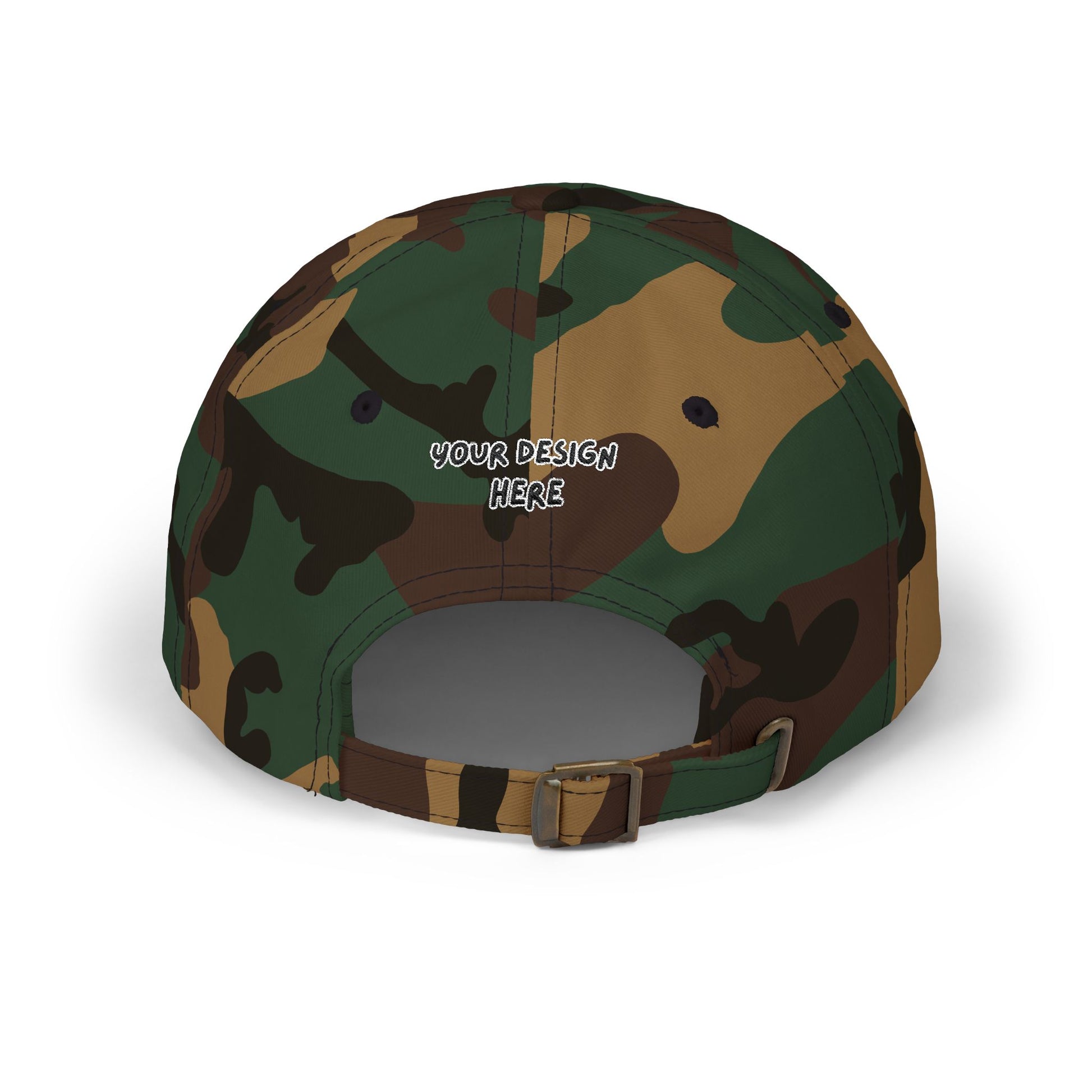 Green Camo embroidered dad cap back view with antique brass buckle – LilMonal