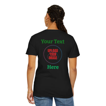 Black t-shirt with customizable text and image area on the back, worn by a person.