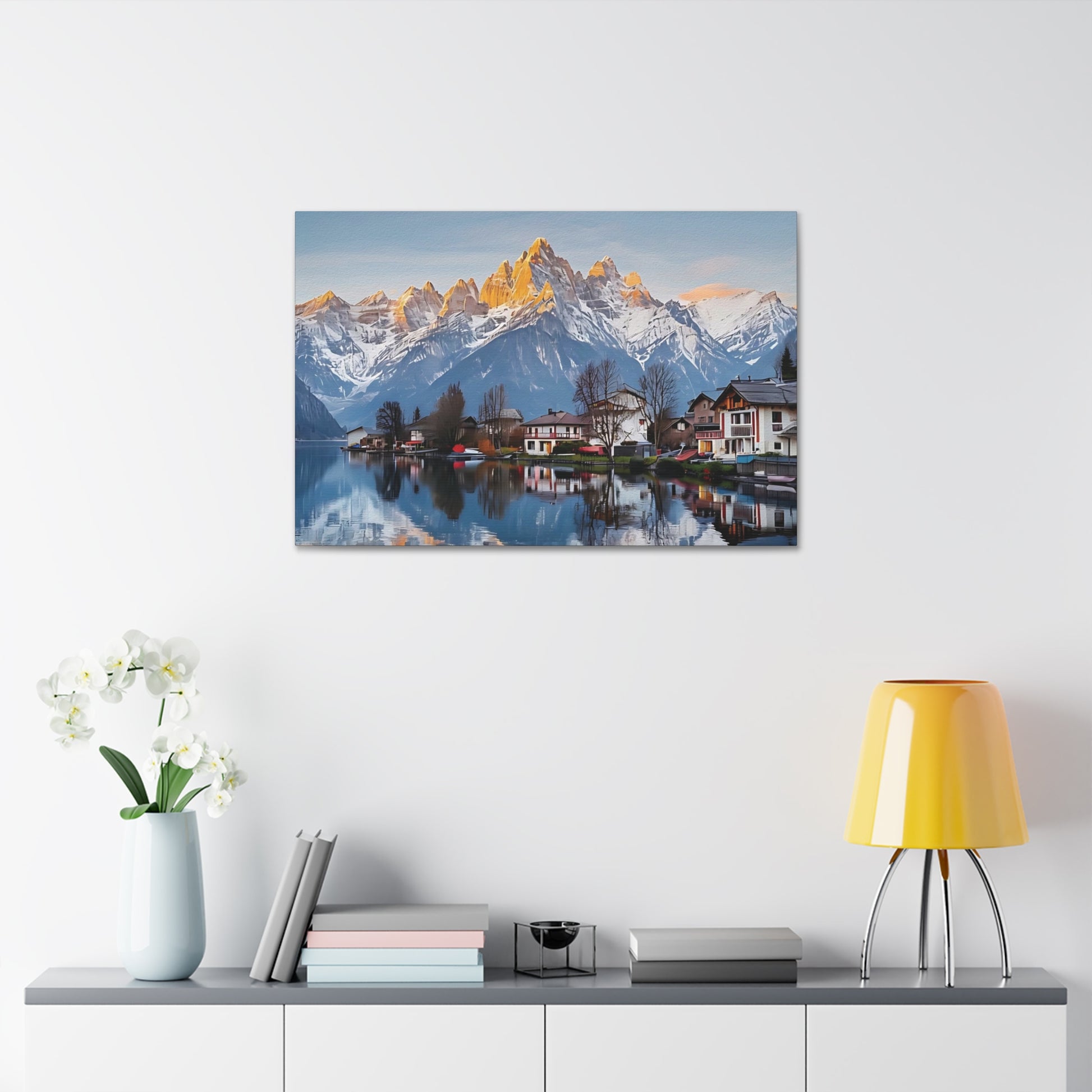 Mountain Lake Scenic Canvas Art, Snowy Peaks Landscape Wall Decor, Alpine Village Nature Canvas Print, Tranquil Mountain Reflection Art, Rustic Nature Wall Art for Home and Office