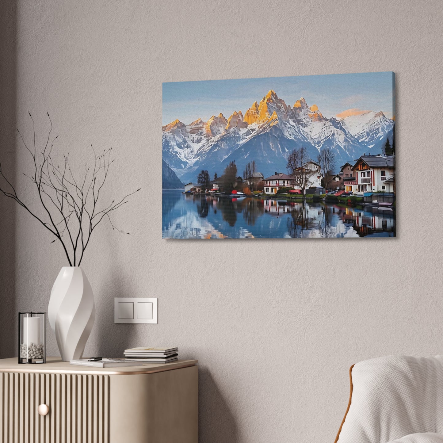 Mountain Lake Scenic Canvas Art, Snowy Peaks Landscape Wall Decor, Alpine Village Nature Canvas Print, Tranquil Mountain Reflection Art, Rustic Nature Wall Art for Home and Office