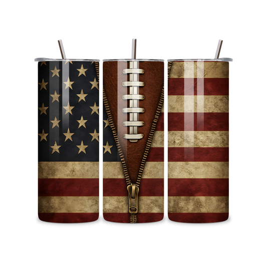Personalized 20oz Skinny Tumbler – US Football American Flag Leather Zipper 20oz Skinny Tumbler – Patriotic Vintage Stars & Stripes Stainless Steel Cup | LilMonal Creations