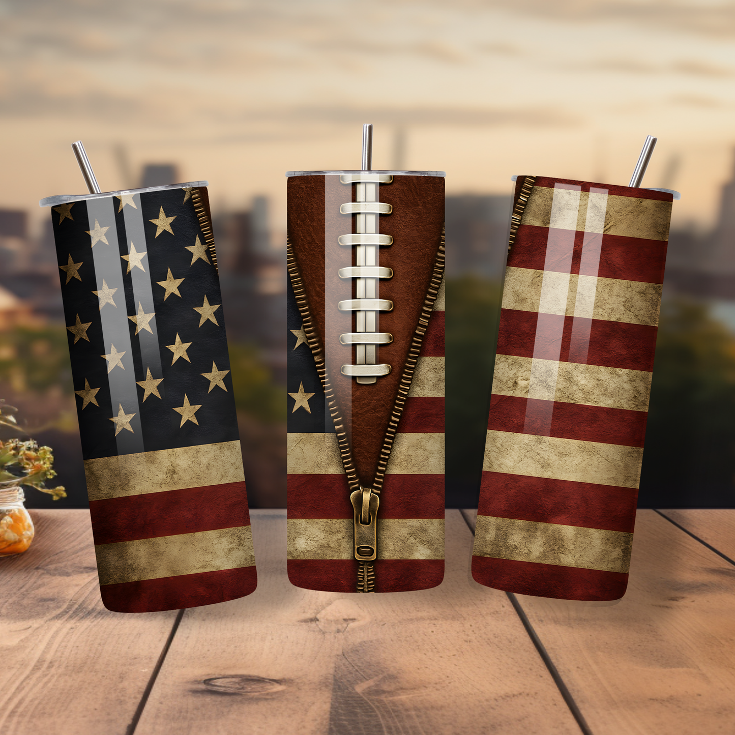 Personalized 20oz Skinny Tumbler – US Football American Flag Leather Zipper 20oz Skinny Tumbler – Patriotic Vintage Stars & Stripes Stainless Steel Cup | LilMonal Creations