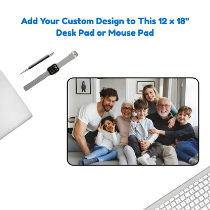 Desk pad 12x18 Promotional image of a family photo on a 12 x 18 inch desk pad or mouse pad with laptop and accessories.