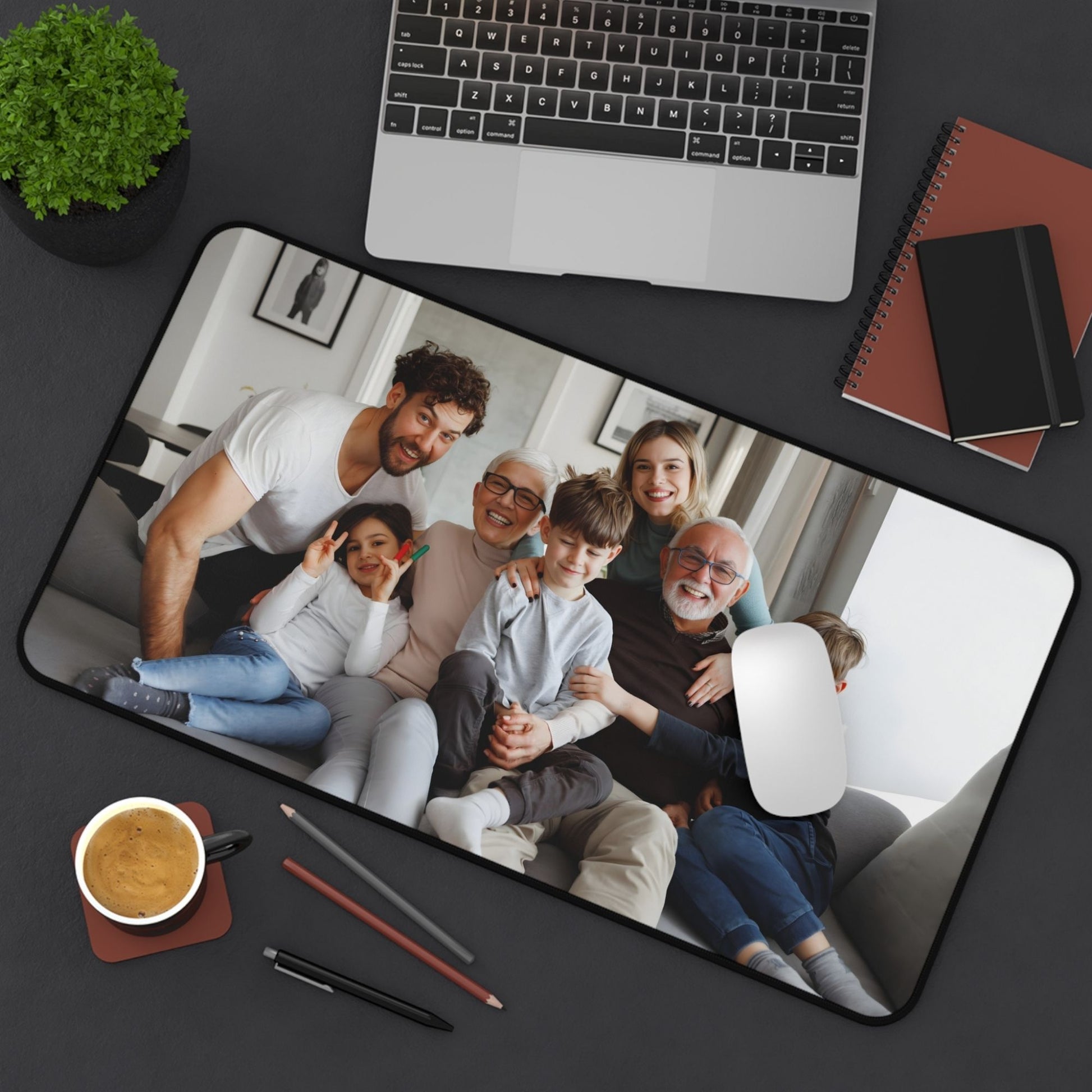Desk pad 12x 22 Family photo on a mouse pad with a laptop and office supplies on a desk