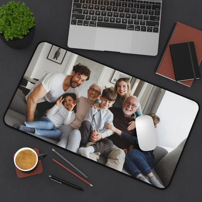 Desk pad 12x 22 Family photo on a mouse pad with a laptop and office supplies on a desk