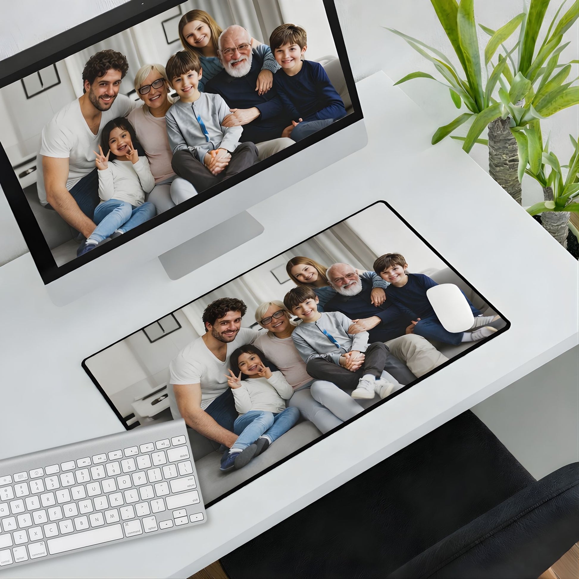 Desk pad 12x 22 Family photo displayed on a computer screen and mouse pad on a desk.