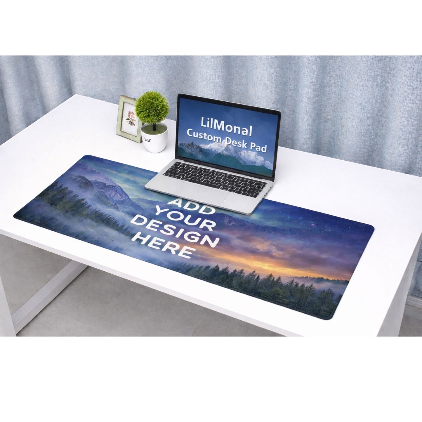 Desk pad 16 x 32 Laptop on a scenic desk pad with 'LilMonal' branding