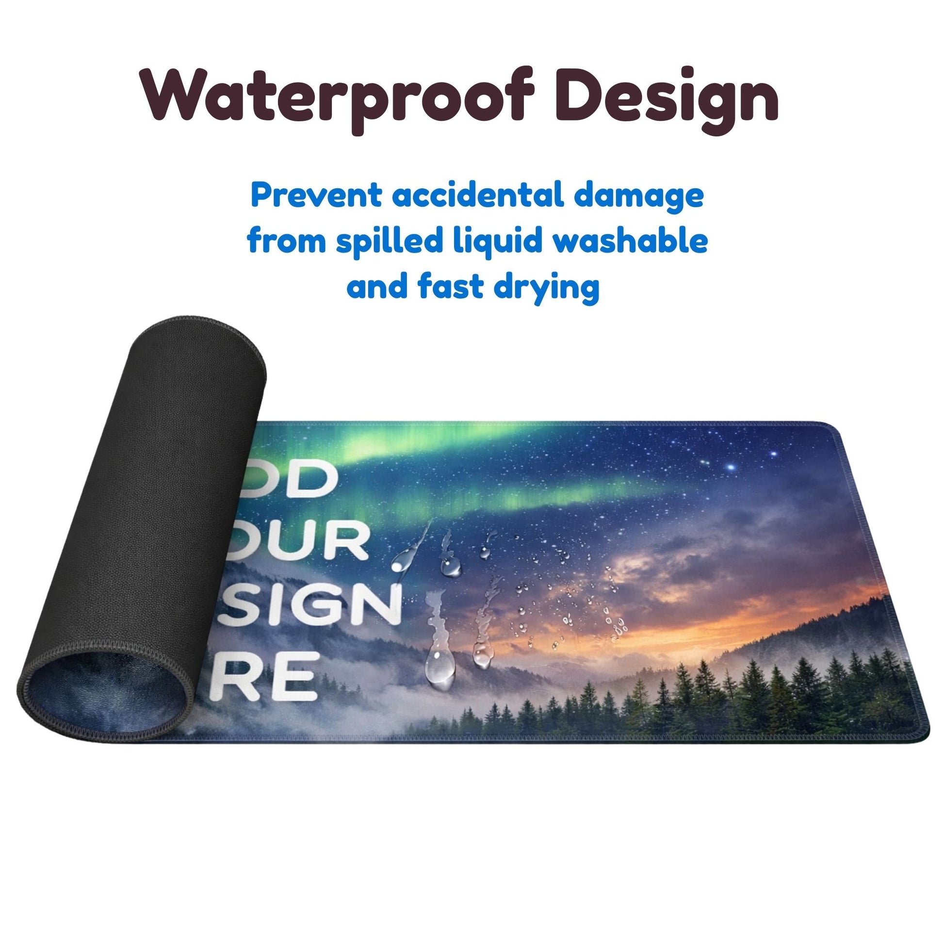 Desk pad 16 x 32 Roll-up mat with scenic design and text about waterproof design on a white background