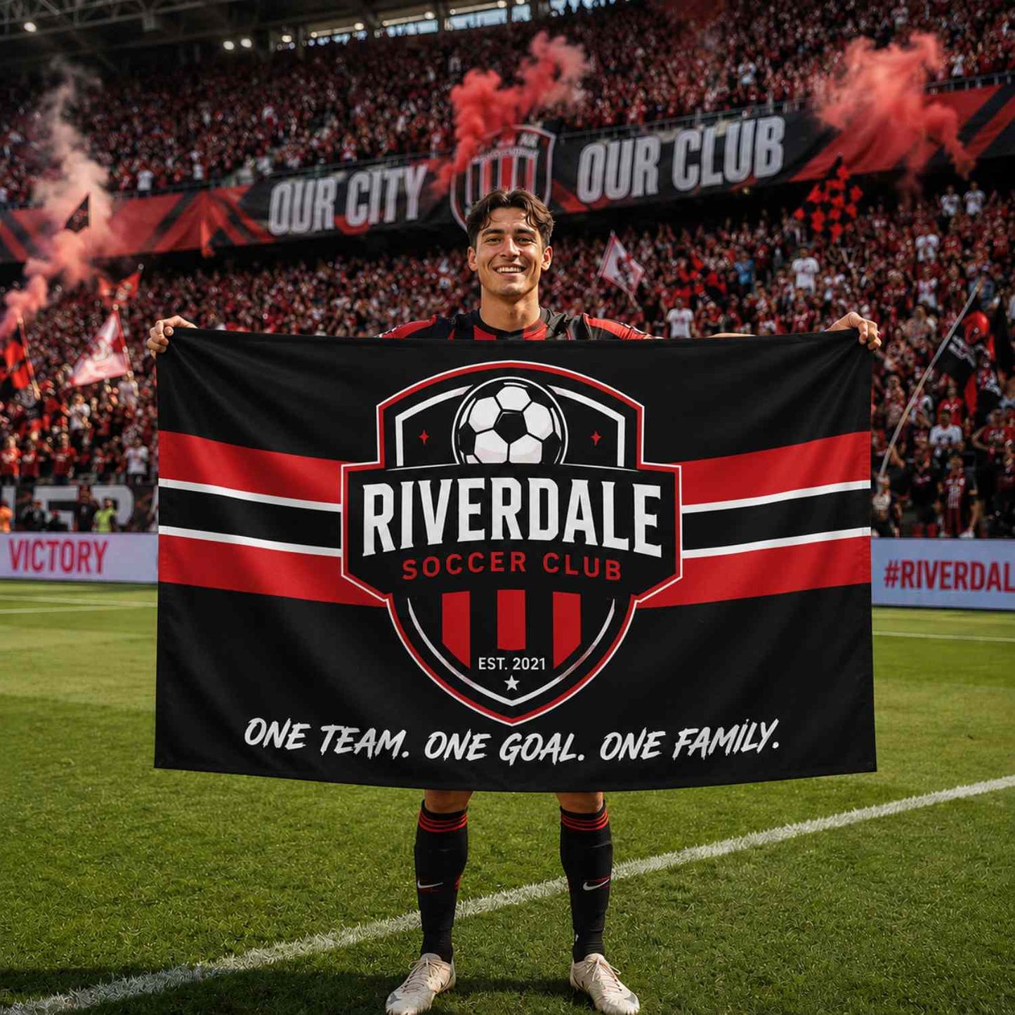 LilMonal custom soccer flag personalized with team logo and player photo