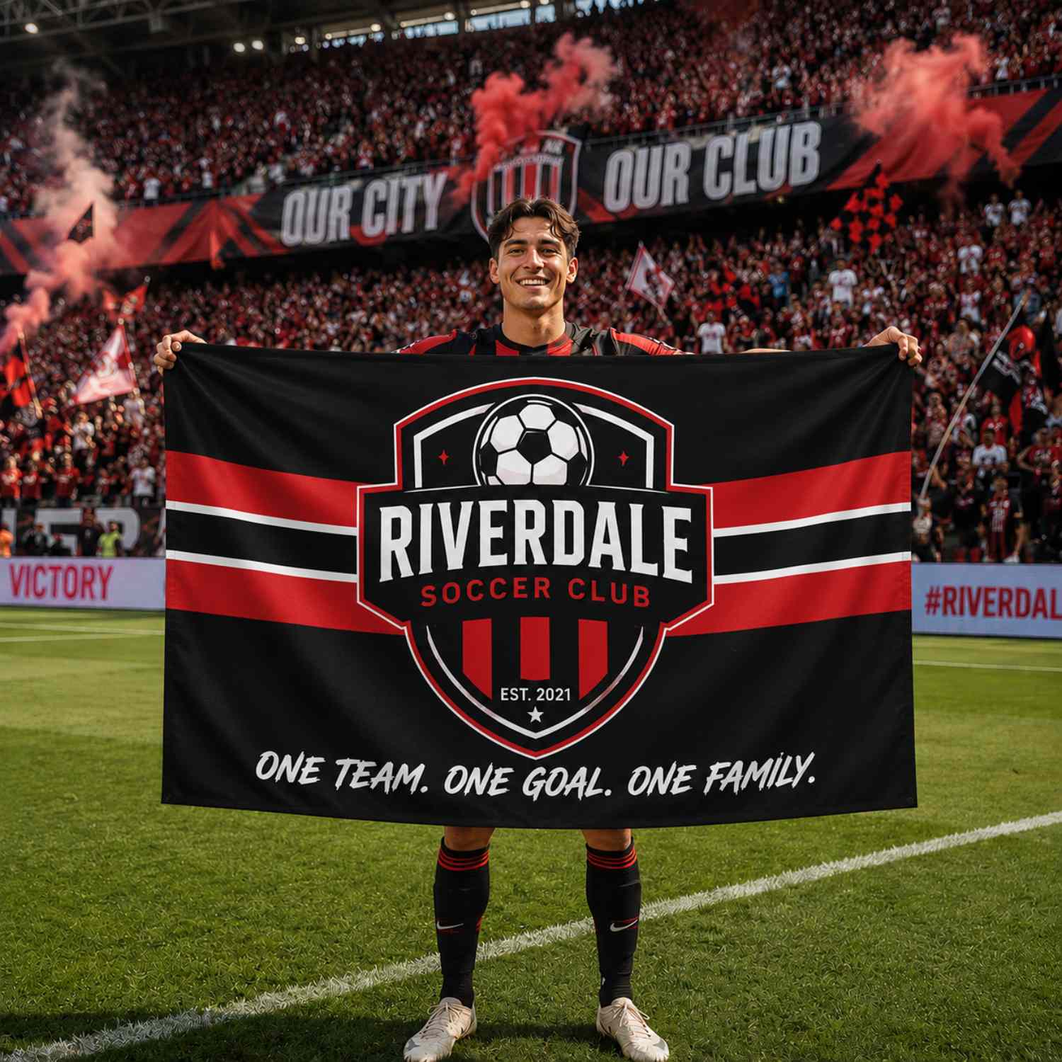 LilMonal custom soccer flag personalized with team logo and player photo