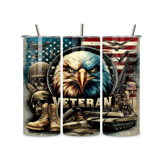 Custom 20oz Veteran Tumbler – Military Tribute with Bald Eagle, Flag & Tank – Personalized Gift for Veterans