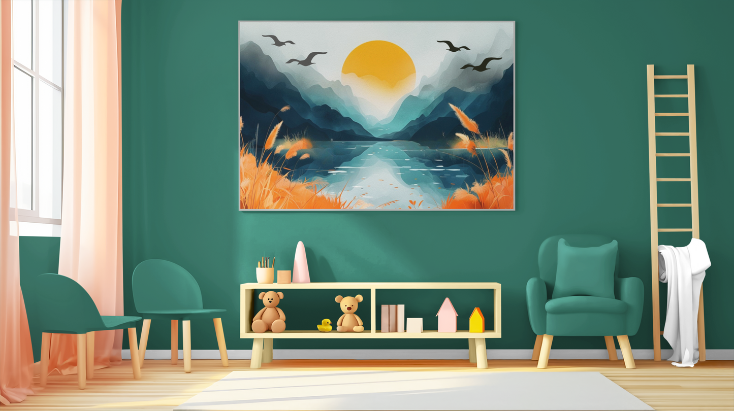 Modern Abstract Landscape Canvas Art - Sunset Mountains with Lake and Birds - Minimalist Wall Art for Living Room, Bedroom, or Office Decor