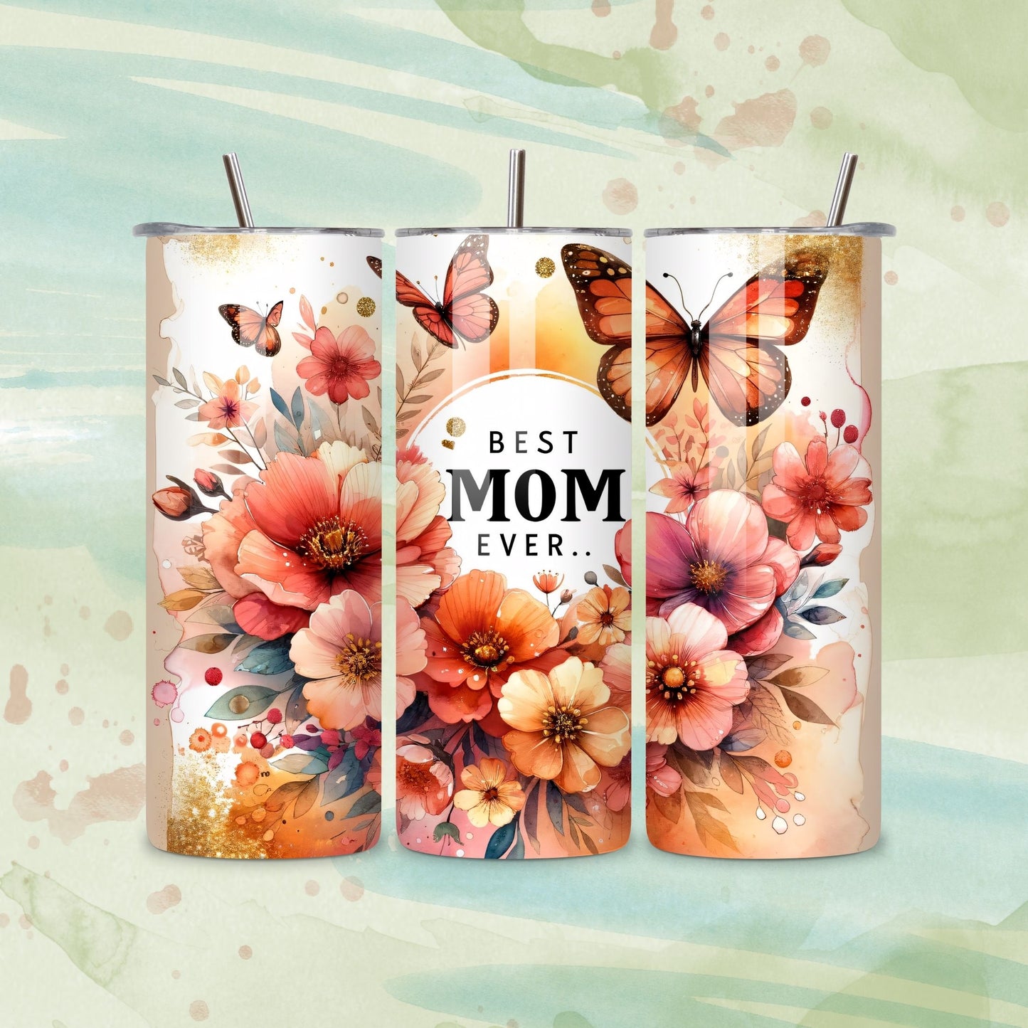 Lilmonal best mom ever tumbler water bottle with floral and butterfly design