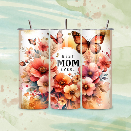 Lilmonal best mom ever tumbler water bottle with floral and butterfly design