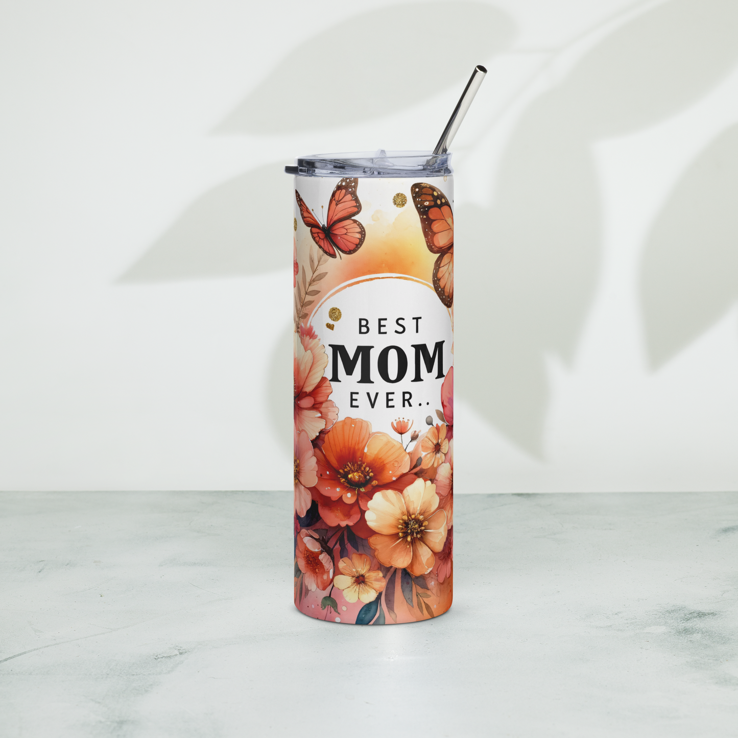 Lilmonal best mom ever tumbler water bottle with floral and butterfly design and metal straw
