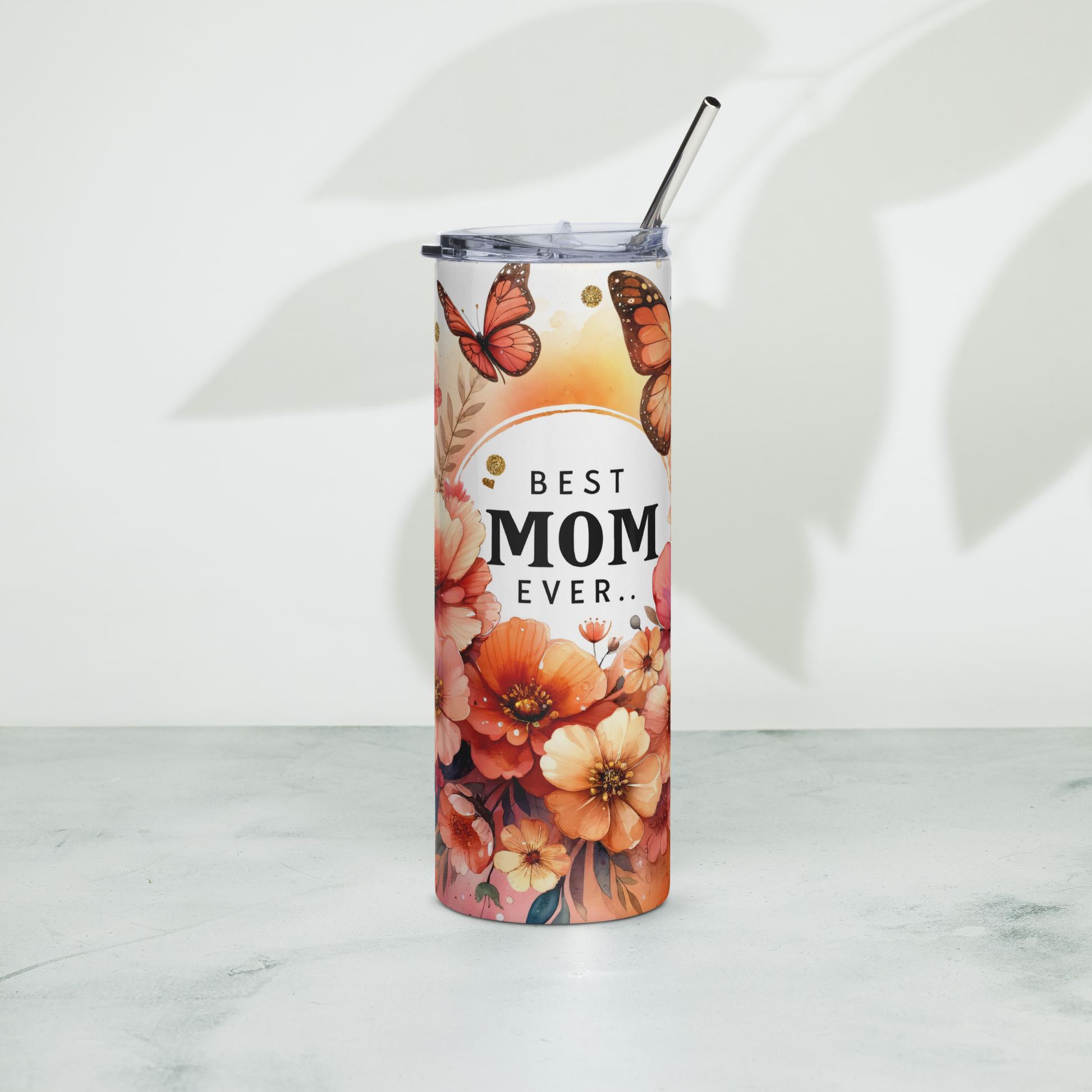Lilmonal best mom ever tumbler water bottle with floral and butterfly design and metal straw