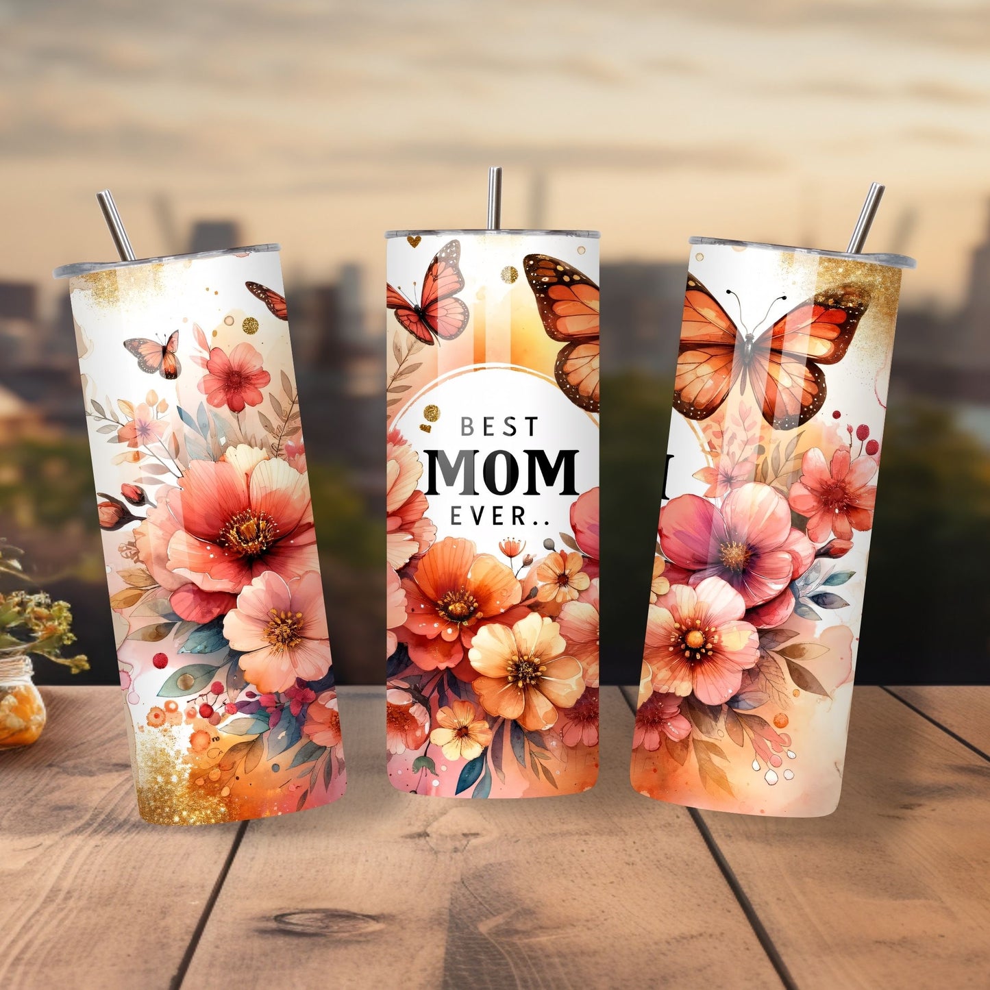 Lilmonal best mom ever tumbler water bottle with floral and butterfly design, stainless steel with straw