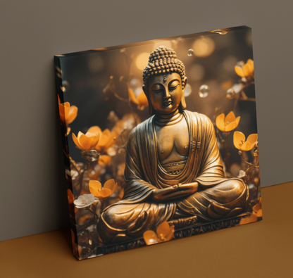 Buddha meditation wall art canvas with golden Buddha statue and orange flowers by lilmonal