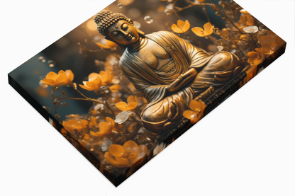 Buddha meditation wall art canvas by lilmonal featuring Buddha statue surrounded by orange flowers