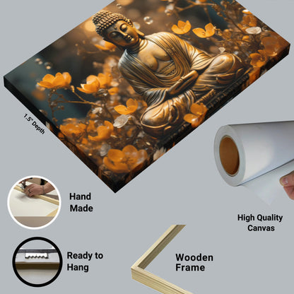 Buddha meditation wall art canvas with golden Buddha statue surrounded by orange flowers ready to hang