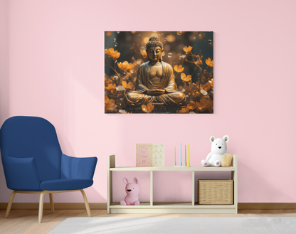 Buddha meditation wall art canvas depicting golden Buddha statue surrounded by glowing flowers on a pink wall