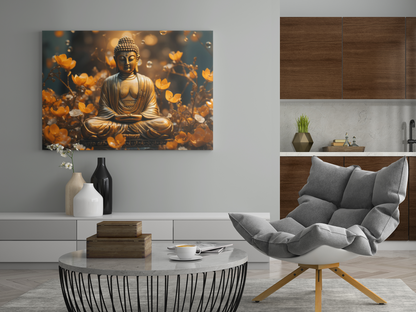 Buddha meditation wall art canvas by lilmonal hanging above modern living room console with decorative vases and a gray cushioned chair