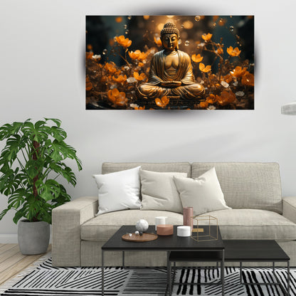 Buddha meditation wall art canvas with golden Buddha statue and glowing orange flowers hanging above sofa