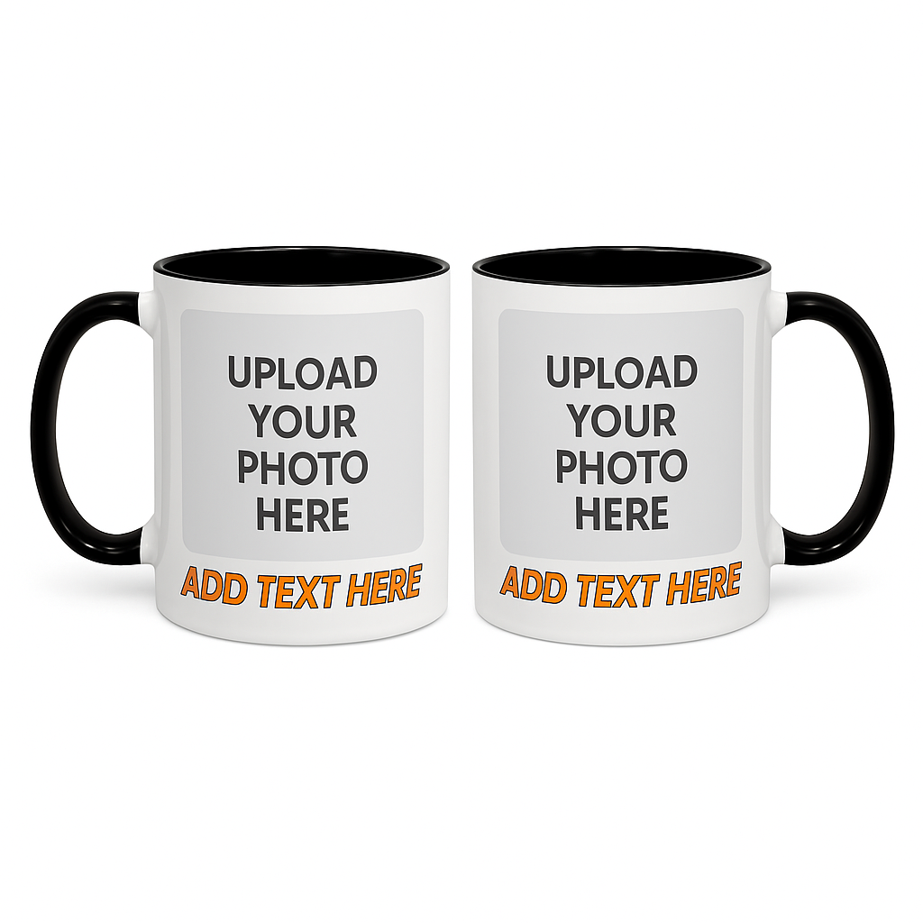 lilmonal Custom Coffee Mug with photo & text featuring black handle and rim with personalized design area