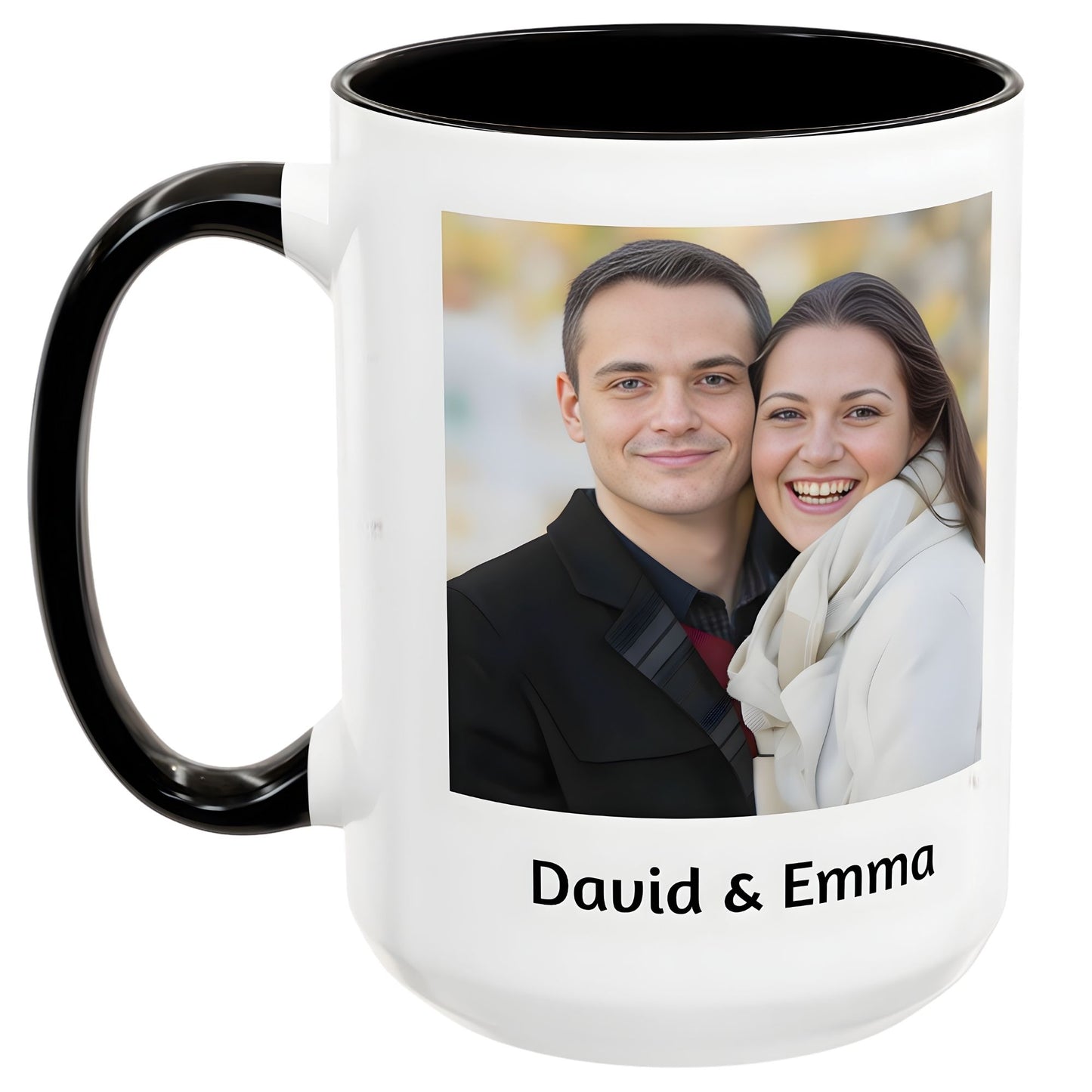 Custom Coffee Mug with photo and text featuring a couple named David and Emma with black handle and interior