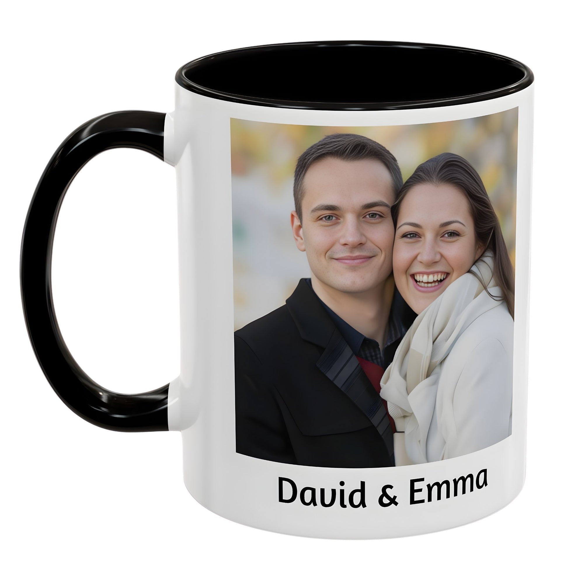 Custom Coffee Mug with photo & text showing a smiling couple named David and Emma with black handle and rim