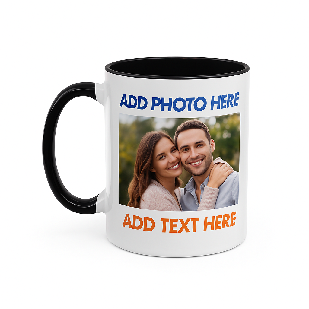 Custom Coffee Mug with photo and text showing a smiling couple and customizable design by lilmonal