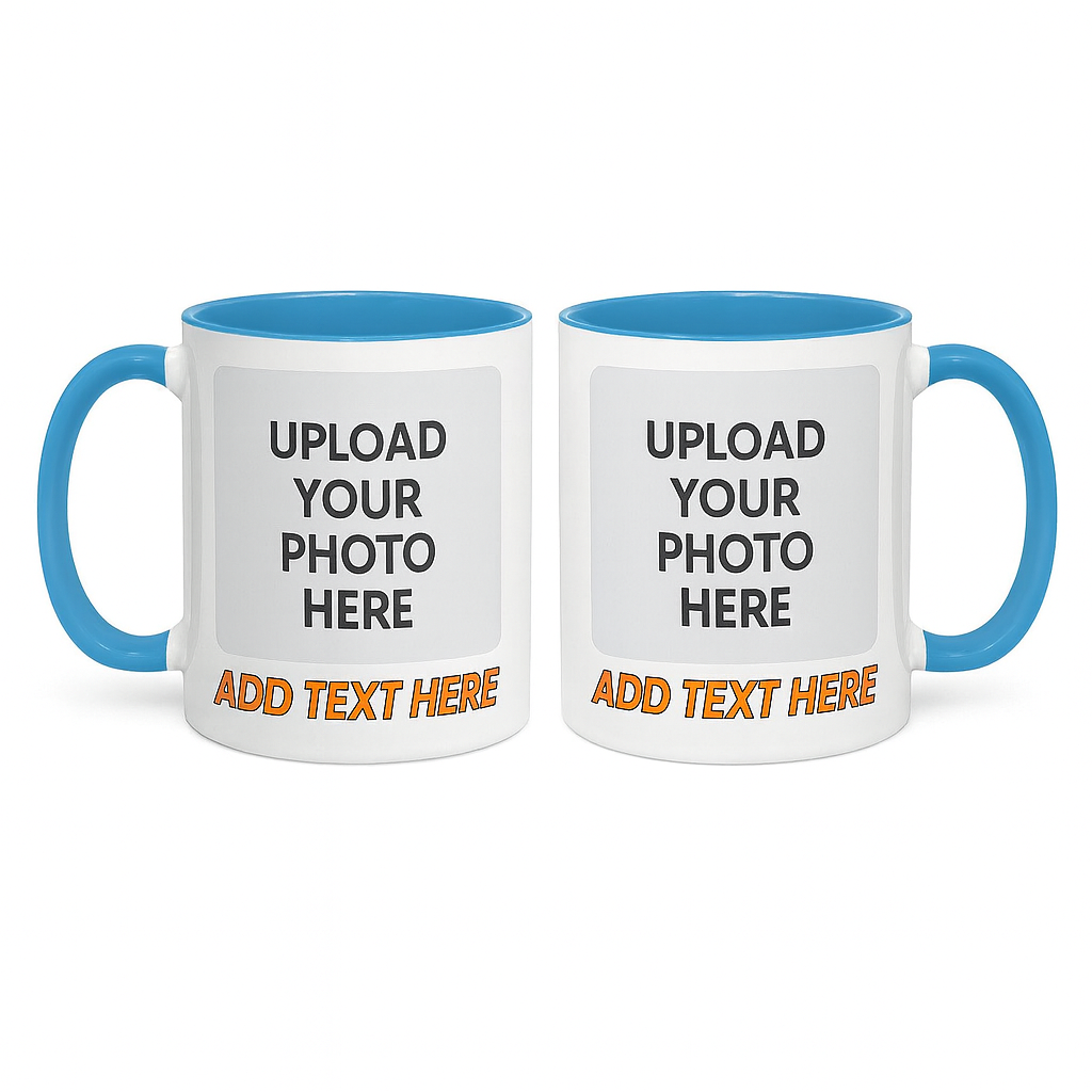 Custom Coffee Mug with photo & text featuring blue handle and rim with space to upload photo and add text