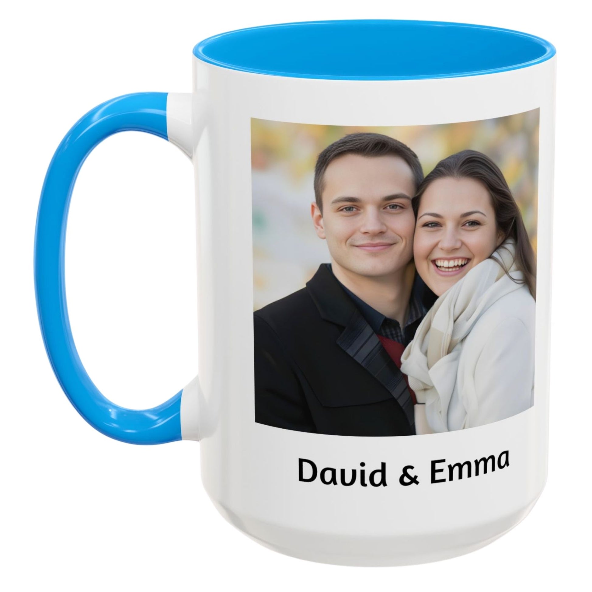 Custom Coffee Mug with photo and text featuring a couple smiling with blue handle and interior by lilmonal