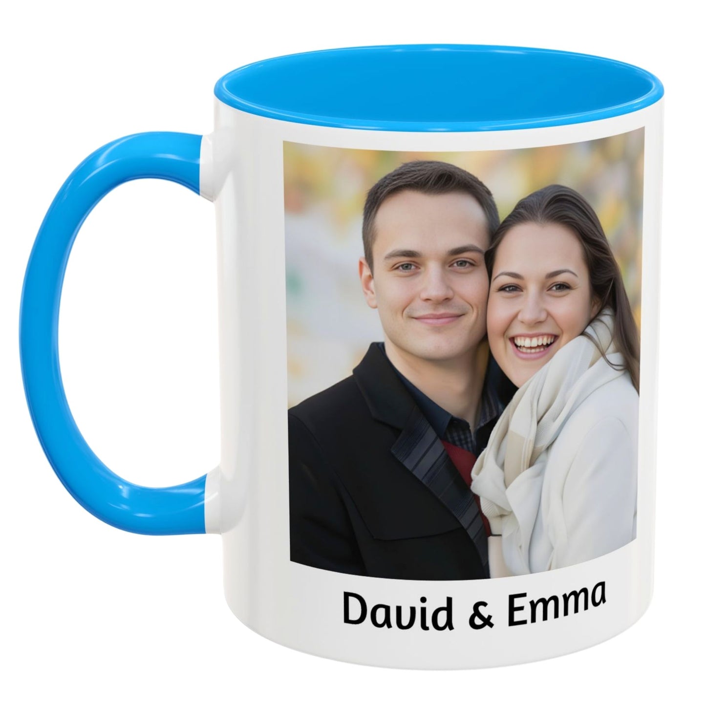 Custom Coffee Mug with photo and text featuring a couple with blue handle and rim by lilmonal