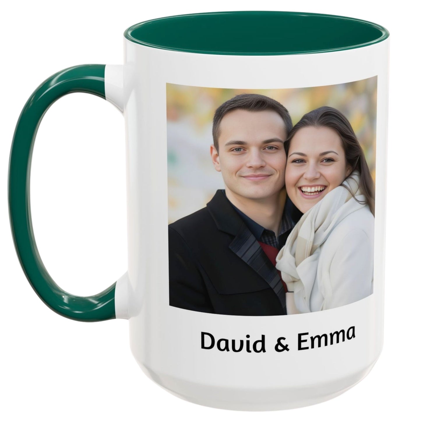 Custom Coffee Mug with photo and text featuring a smiling couple named David and Emma with green handle and rim