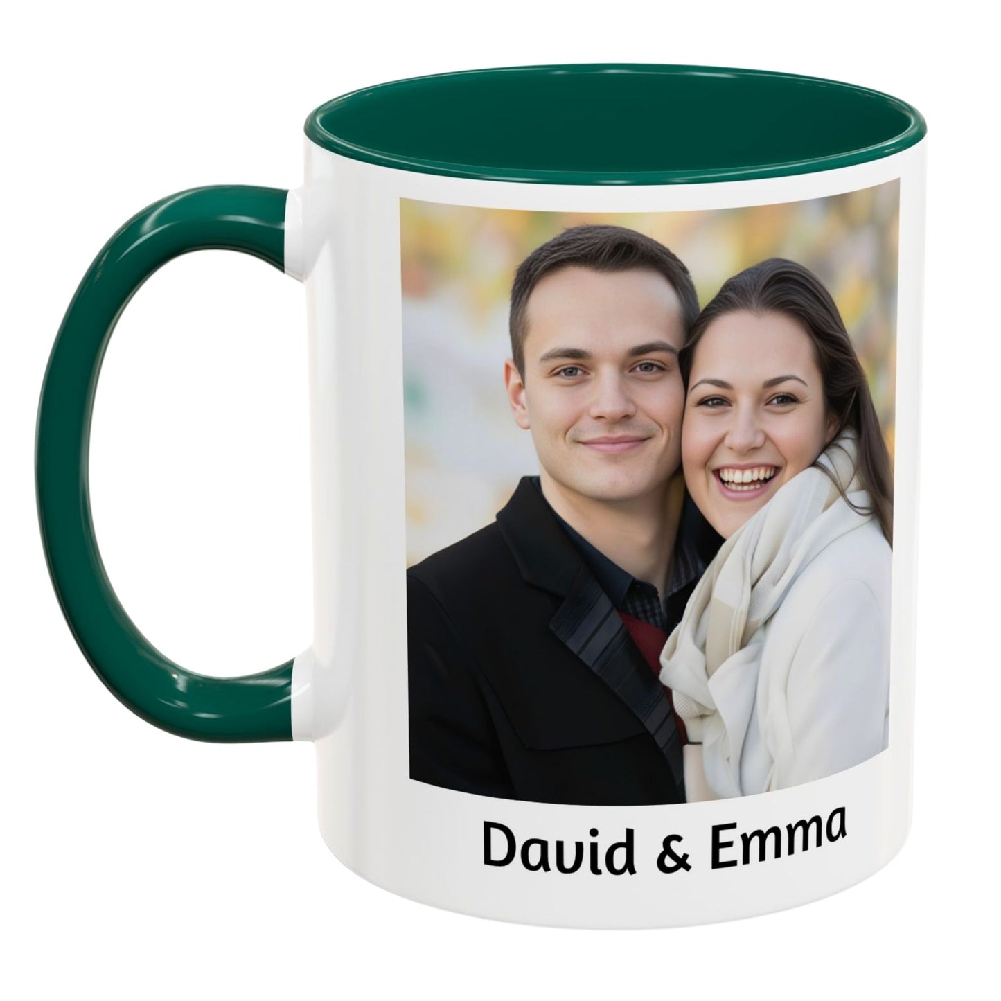 Custom Coffee Mug with photo & text featuring a portrait of a smiling couple and personalized names David & Emma